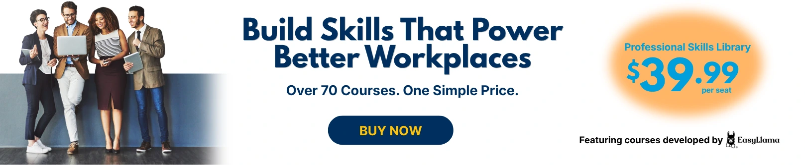 Professional Skills Library with AI, leadership, and wellness courses for today’s workforce, developed by EasyLlama, shown with professionals collaborating on a laptop